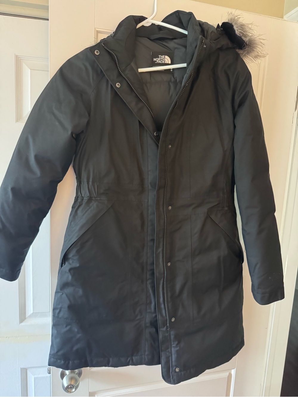 The North Face Women's Black Hooded Puffer Coat with Fur-Trim